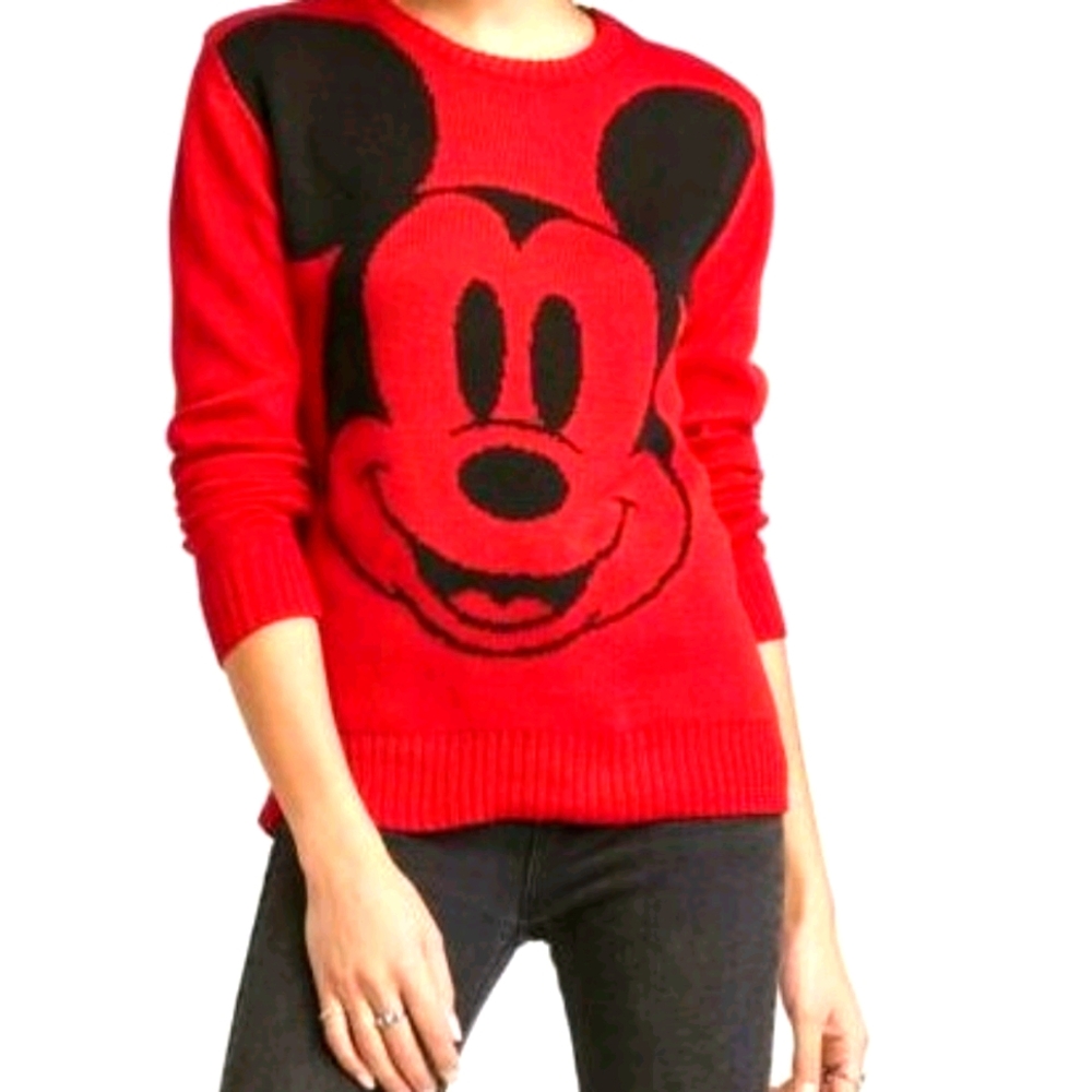 Disney Mickey Mouse Sweater Red Face Crew